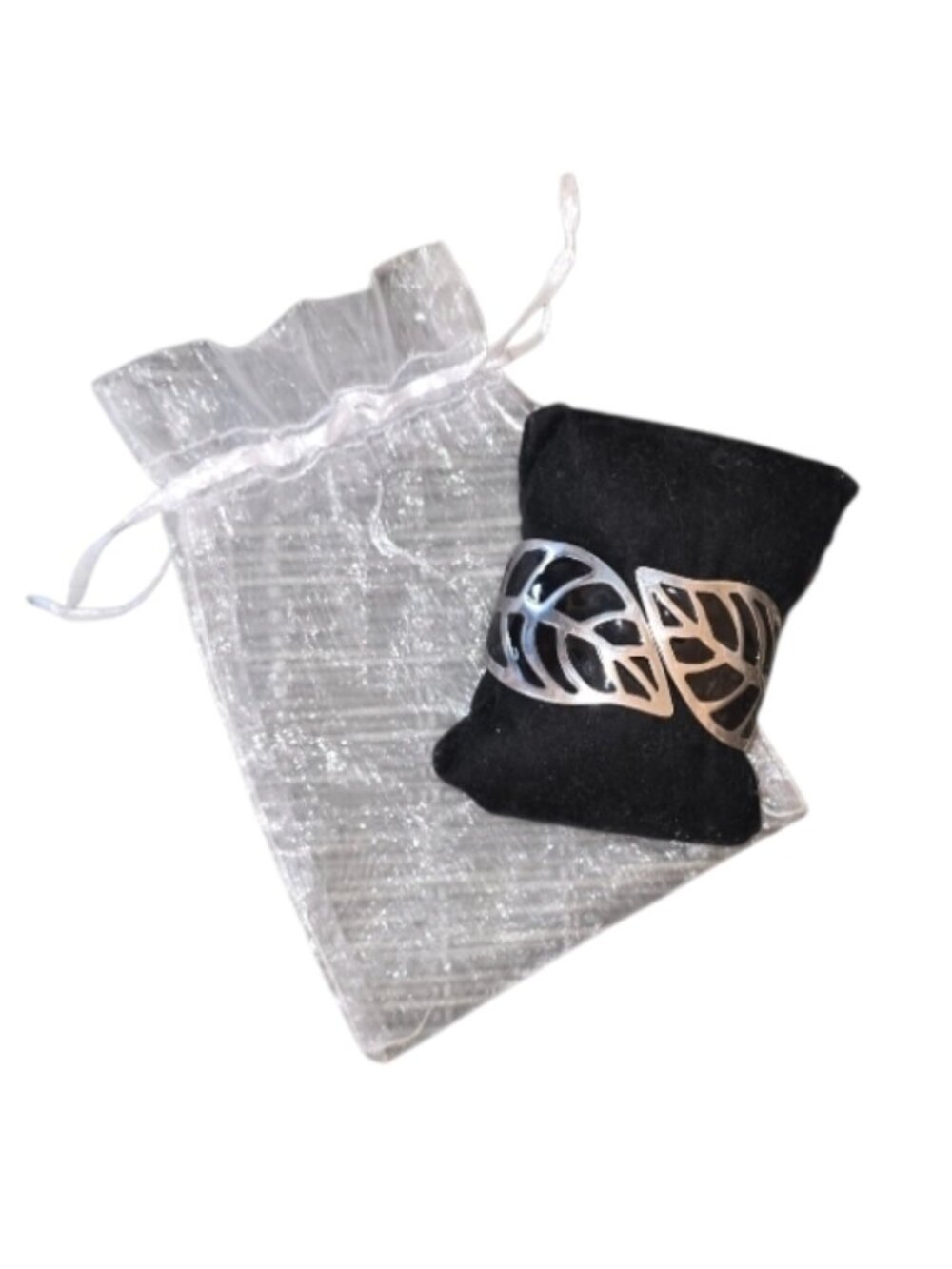 Cuff Bracelet Silver Toned Black Leaf Design Botanical Accessory Earthy Garden - Picture 3 of 11